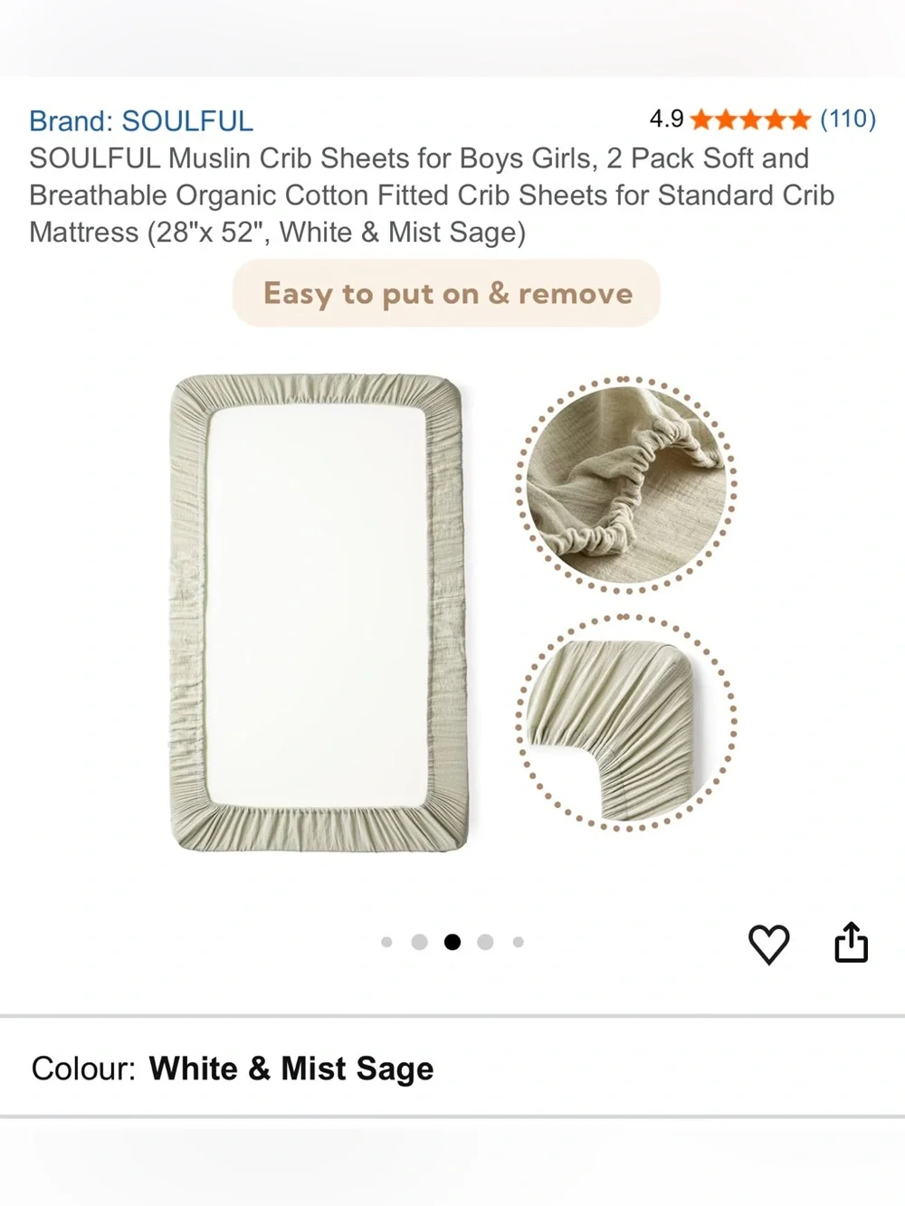 White & sage Muslin Crib Sheets - 2 Pack